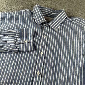 Turnbull & Asser Shirt Mens XXL Blue White Stripe Weekend Fit 100% Linen